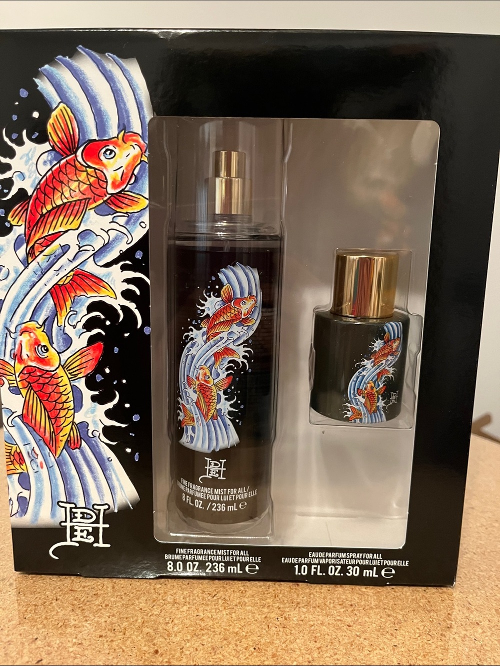 Ed Hardy Black Fragrance Set with Red-Orange Koi Artwork